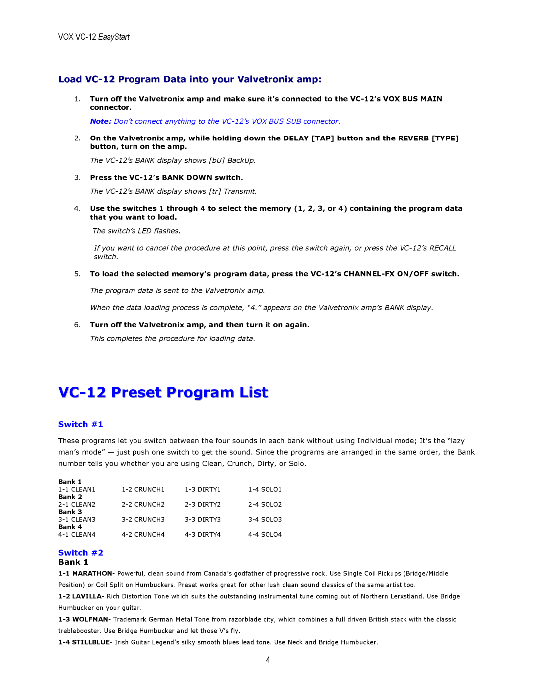 Vox Vc12 manual VC-12 Preset Program List, Switch #1, Switch #2 