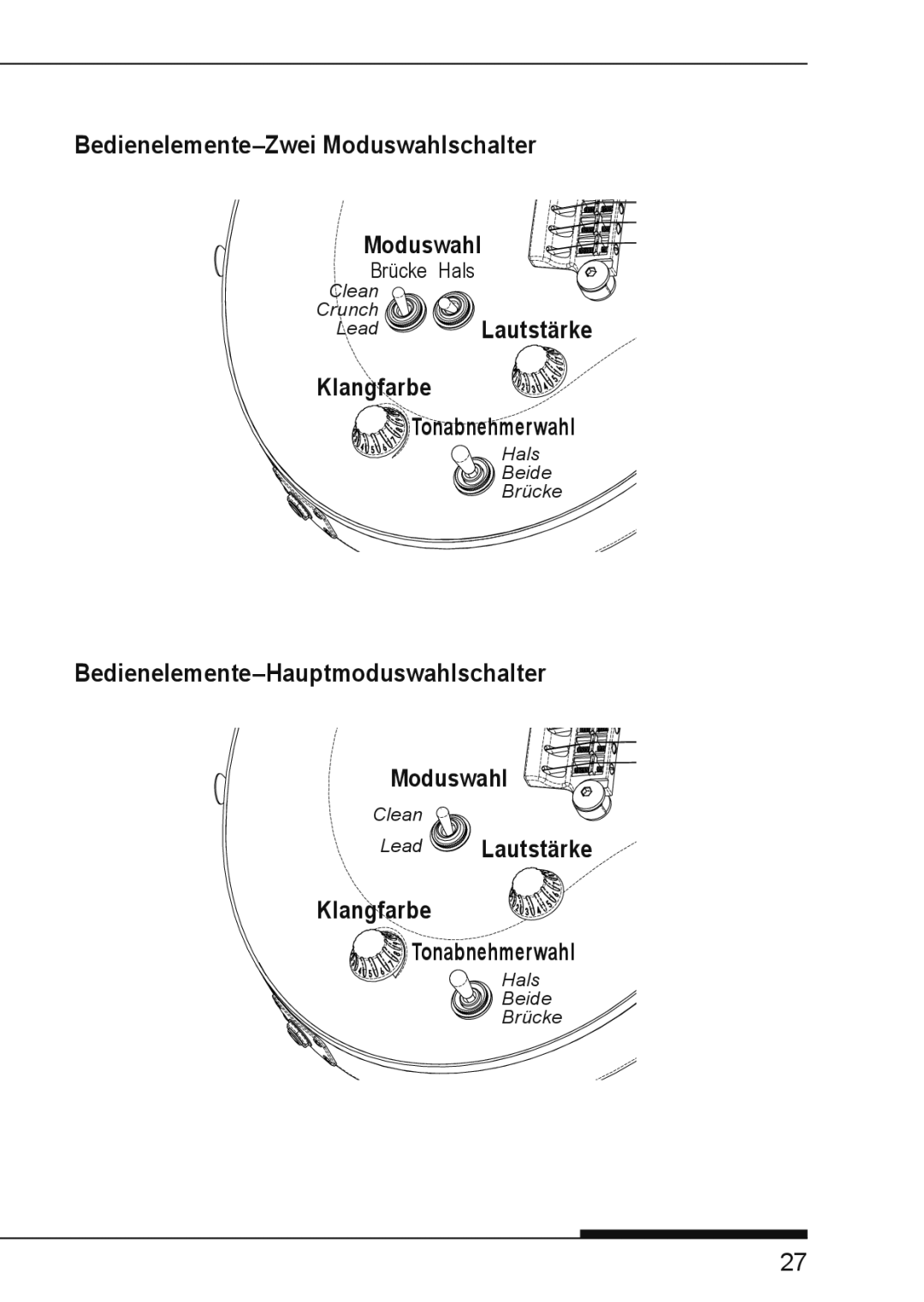 Vox SSC-55, VGSC, SSC-33, HDC-77, VGDC Bedienelemente-Zwei Moduswahlschalter, LeadLautstärke Klangfarbe Tonabnehmerwahl 