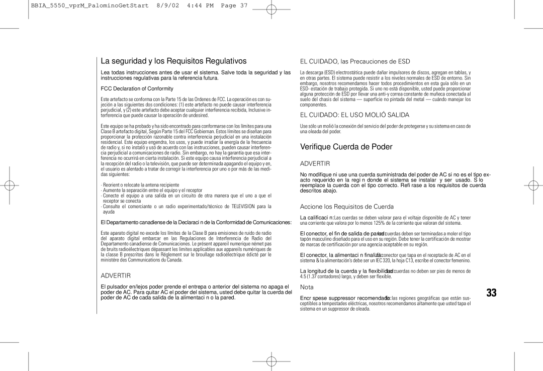 vpr Matrix VPRN-GS200 manual La seguridad y los Requisitos Regulativos 