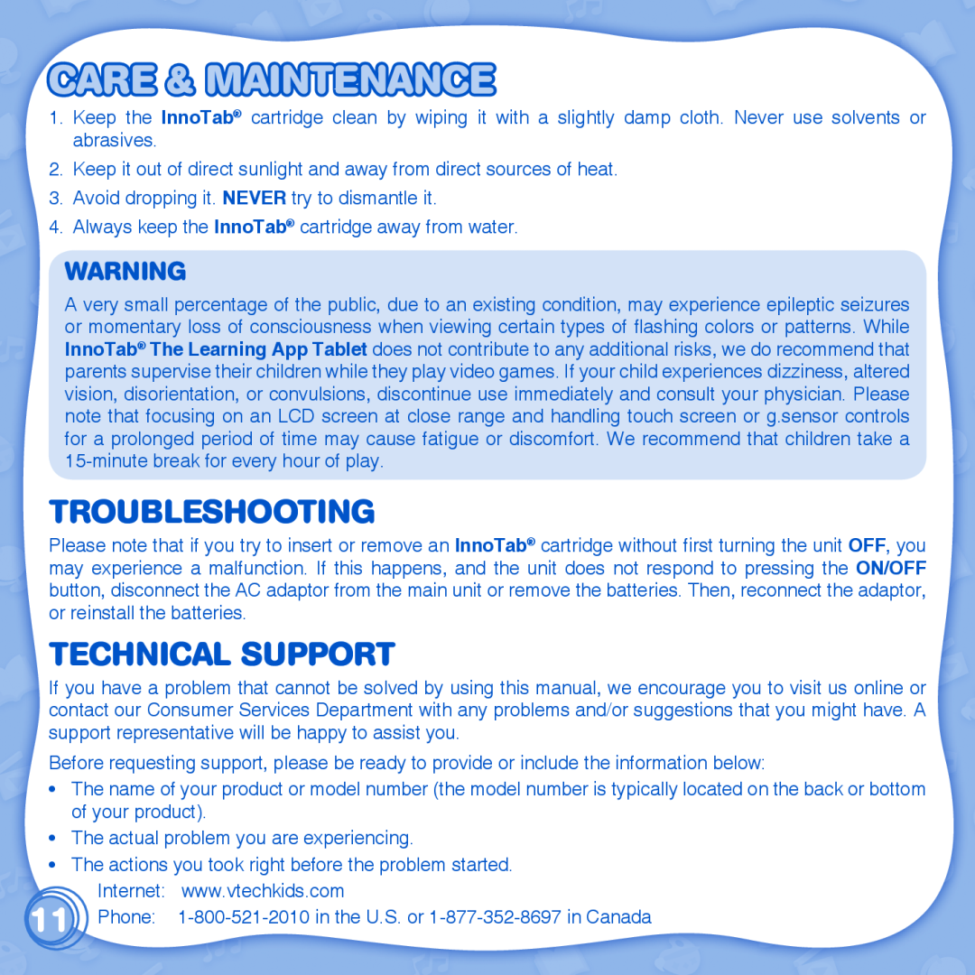 VTech 1 InnoTab user manual Care & Maintenance, Troubleshooting, Technical Support 