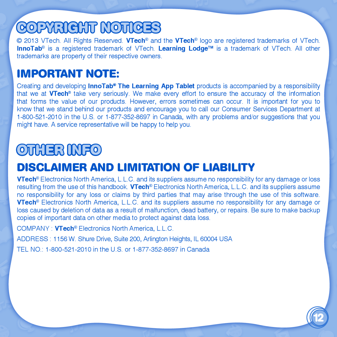 VTech 1 InnoTab user manual Copyright Notices, Other Info, Important Note, Disclaimer And Limitation Of Liability 