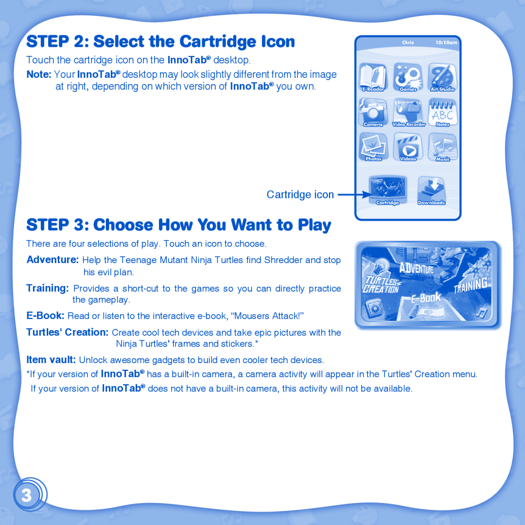 VTech 1 InnoTab Select the Cartridge Icon, Choose How You Want to Play, Touch the cartridge icon on the InnoTab desktop 
