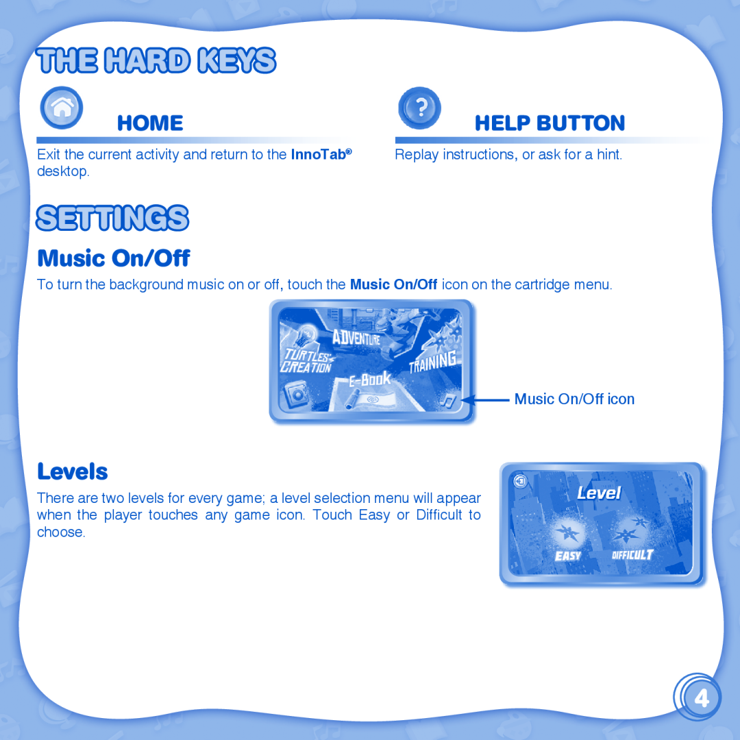 VTech 1 InnoTab user manual The Hard Keys, Settings, Music On/Off, Levels, Home, Help Button 
