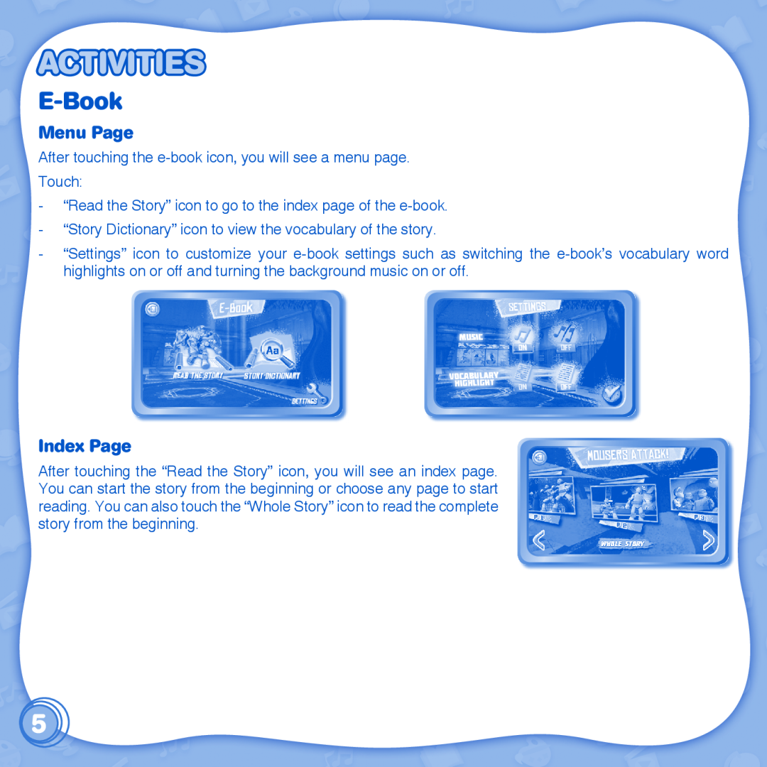 VTech 1 InnoTab user manual Activities, E-Book, Menu Page, Index Page 