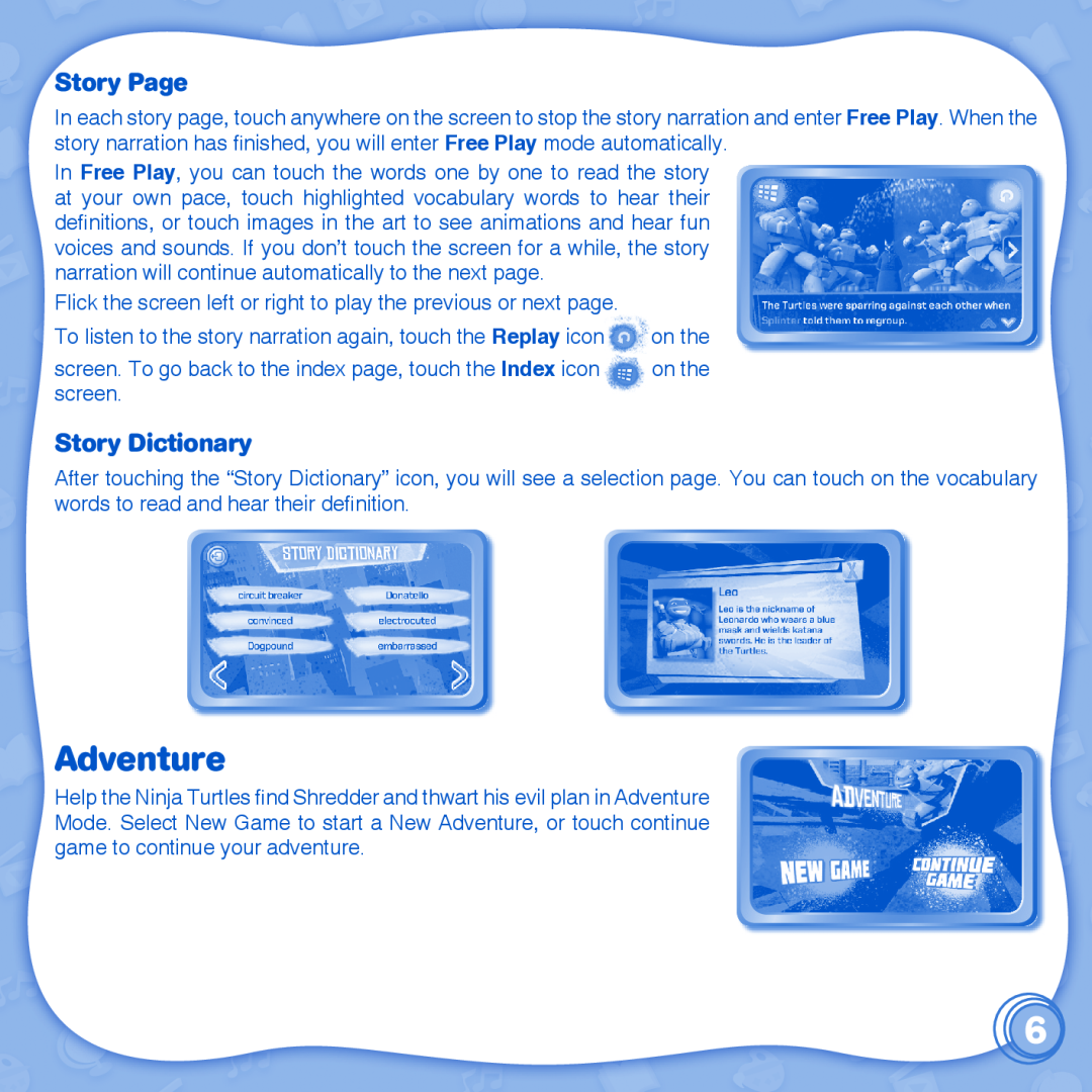 VTech 1 InnoTab user manual Adventure, Story Page, Story Dictionary 