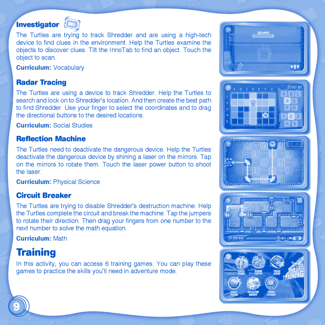 VTech 1 InnoTab user manual Training, Investigator, Radar Tracing, Reflection Machine, Circuit Breaker 