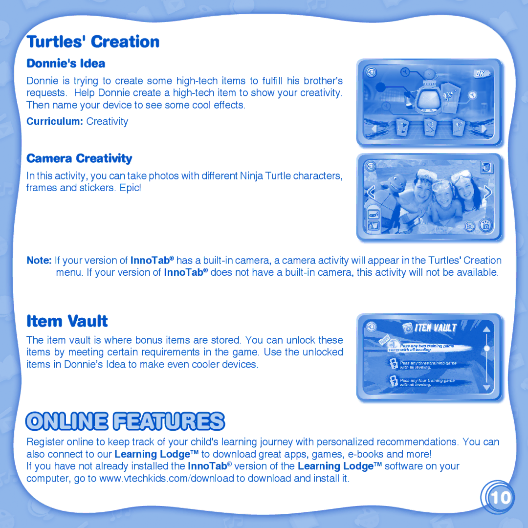 VTech 1 InnoTab user manual Online Features, Turtles Creation, Item Vault, Donnies Idea, Camera Creativity 