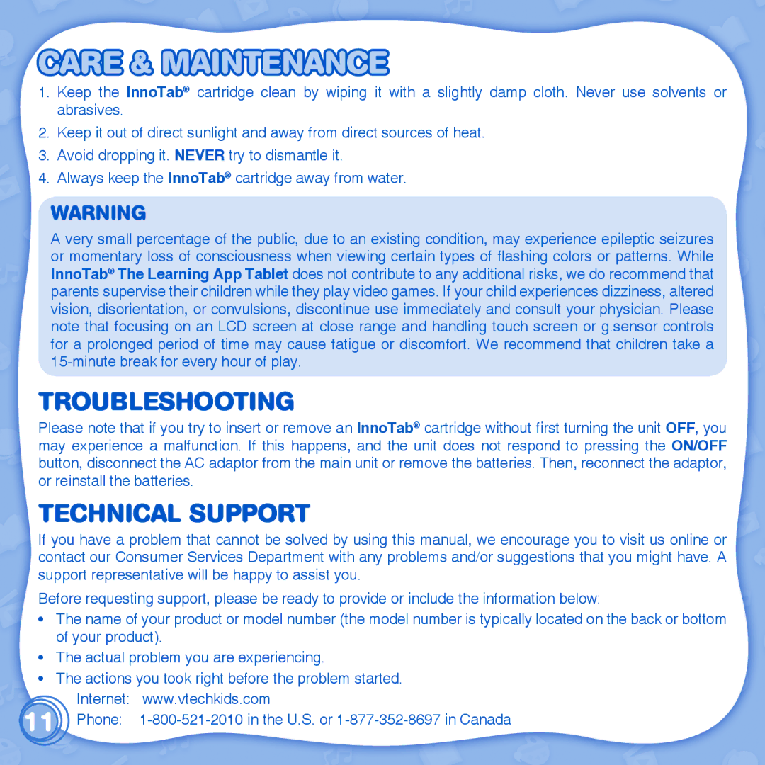 VTech 1 InnoTab user manual Care & Maintenance, Troubleshooting 