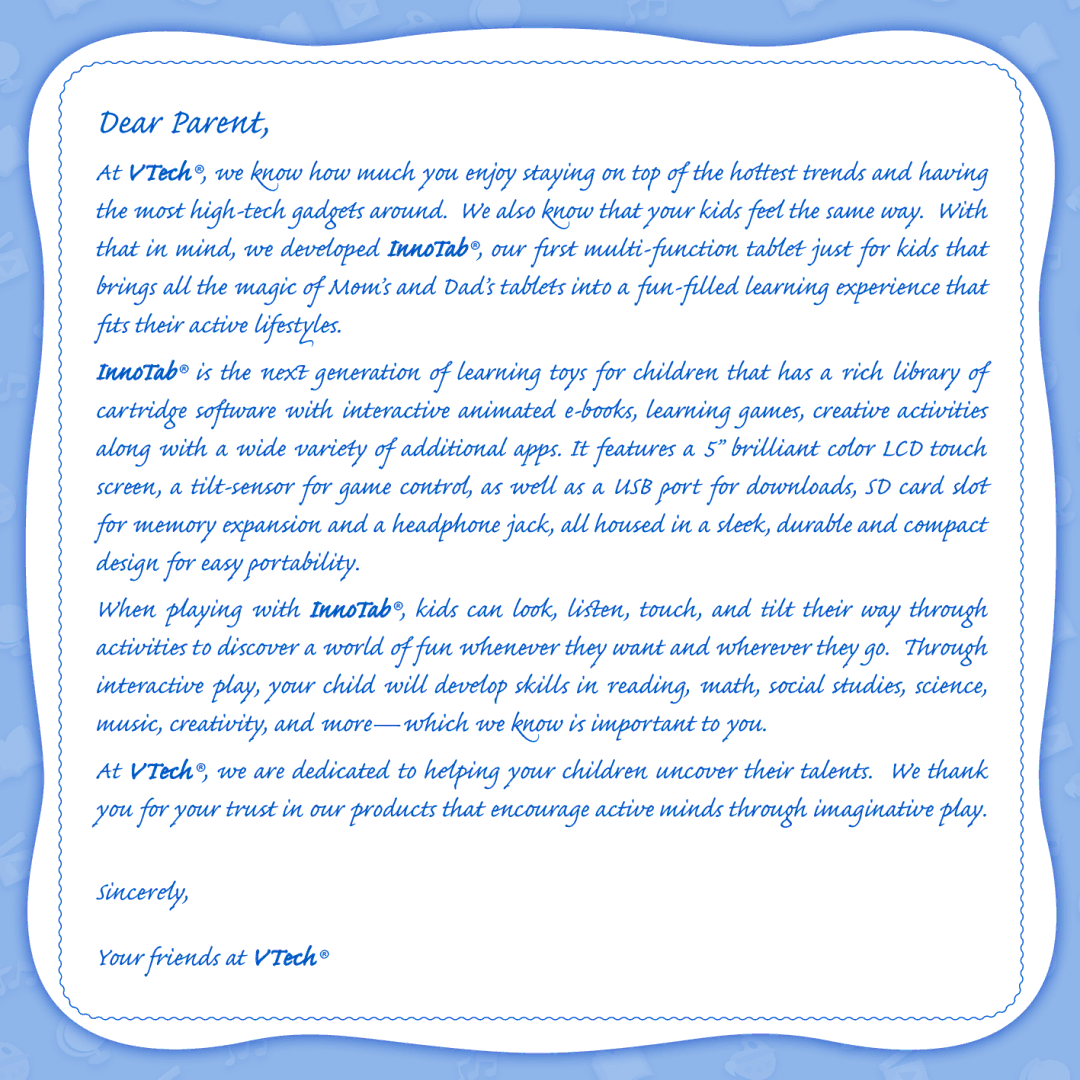 VTech 1 InnoTab user manual Dear Parent 