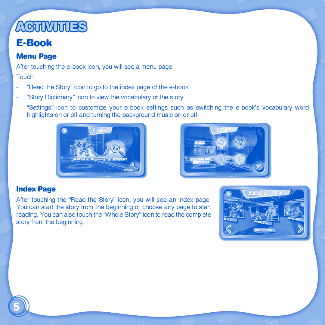 VTech 1 InnoTab user manual Activities, Book, Menu, Index 