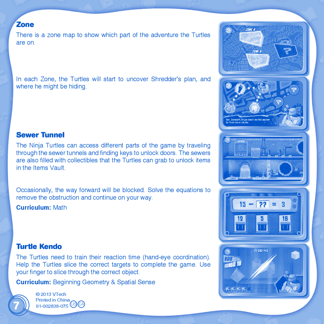 VTech 1 InnoTab user manual Zone, Sewer Tunnel, Turtle Kendo 