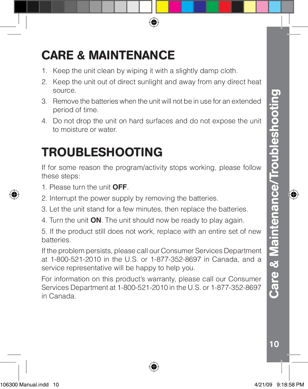 VTech 106300 user manual Care & Maintenance/Troubleshooting 