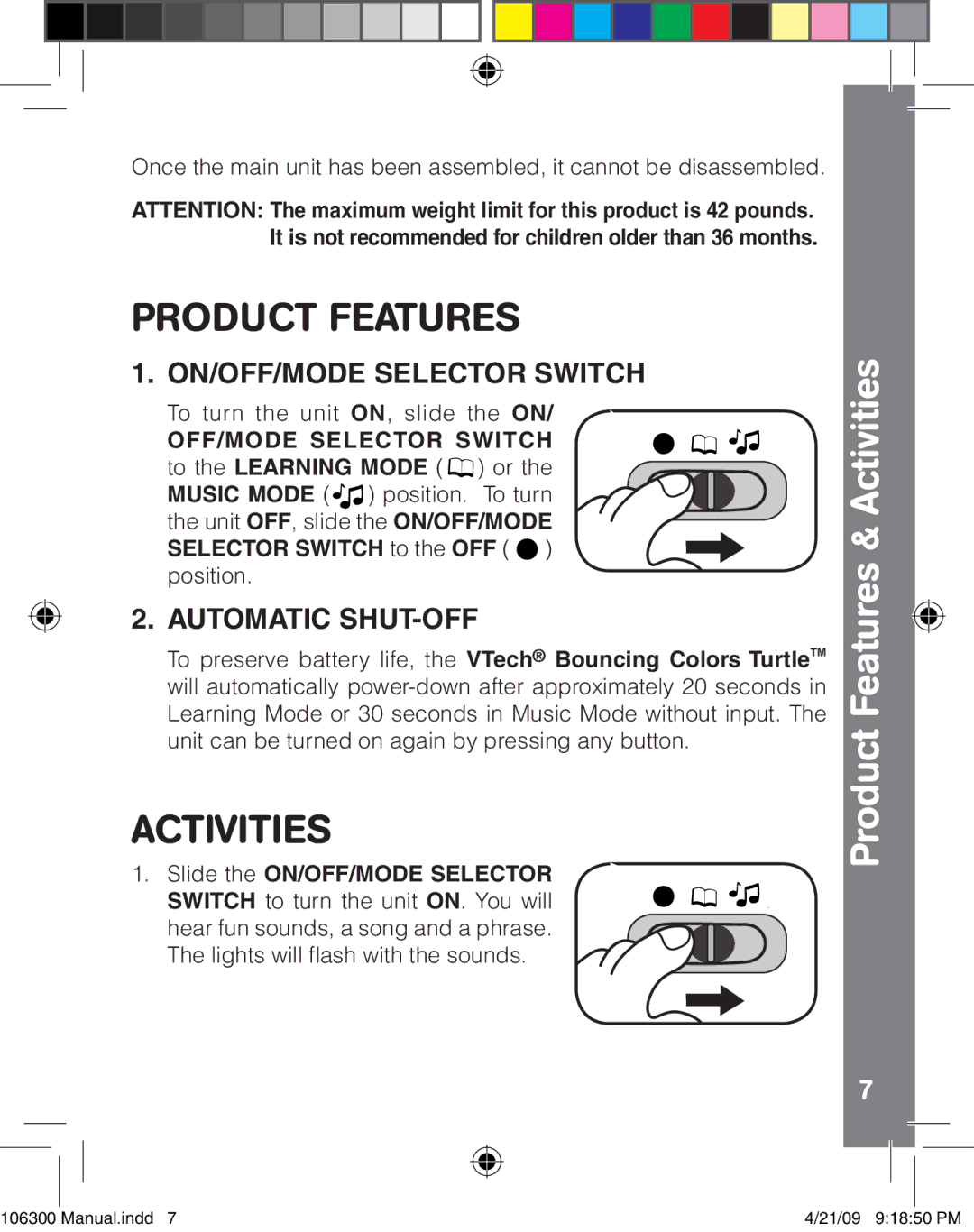 VTech 106300 user manual Product Features & Activities, OFF/MODE Selector Switch 