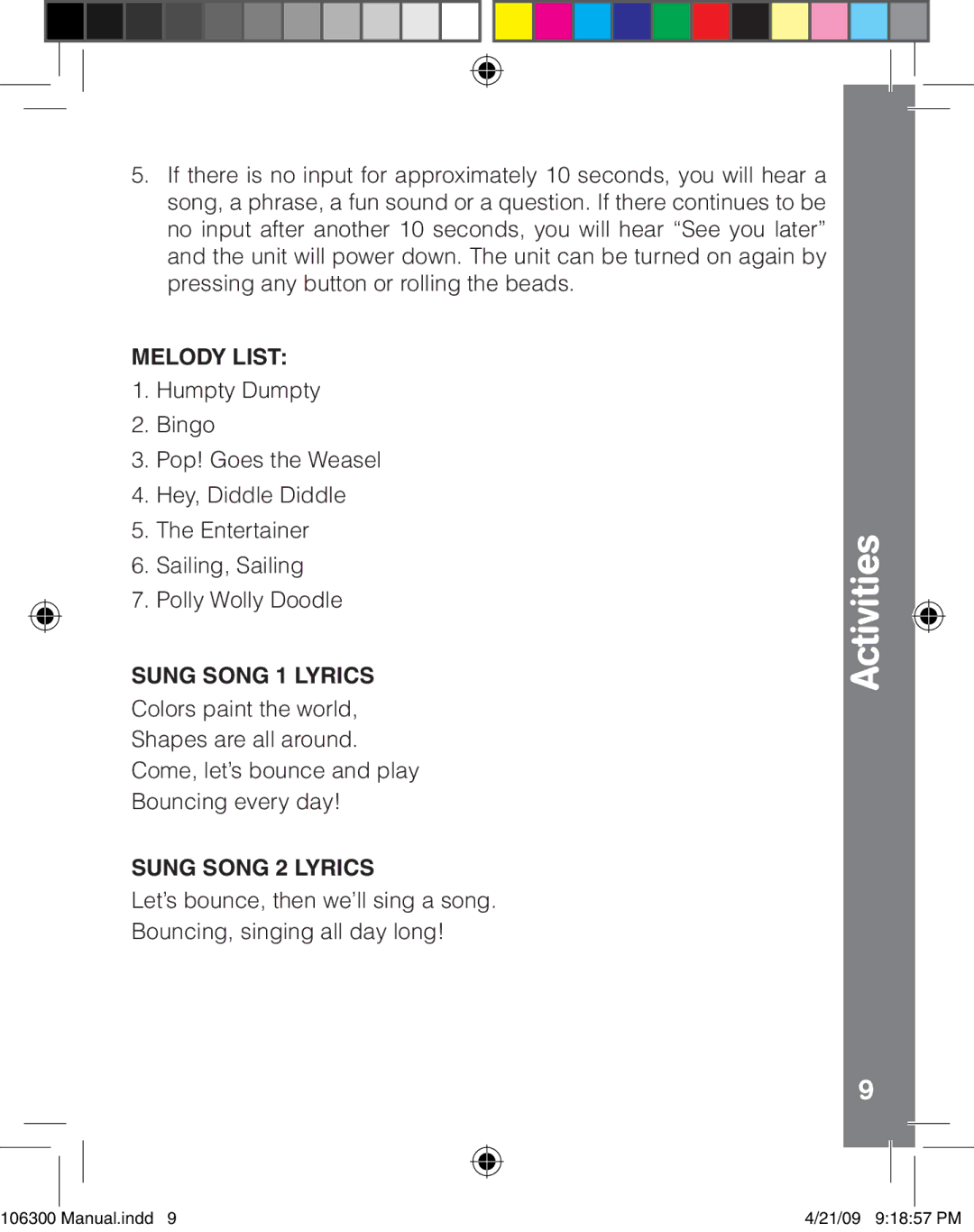 VTech 106300 user manual Melody List, Sung Song 1 Lyrics, Sung Song 2 Lyrics 