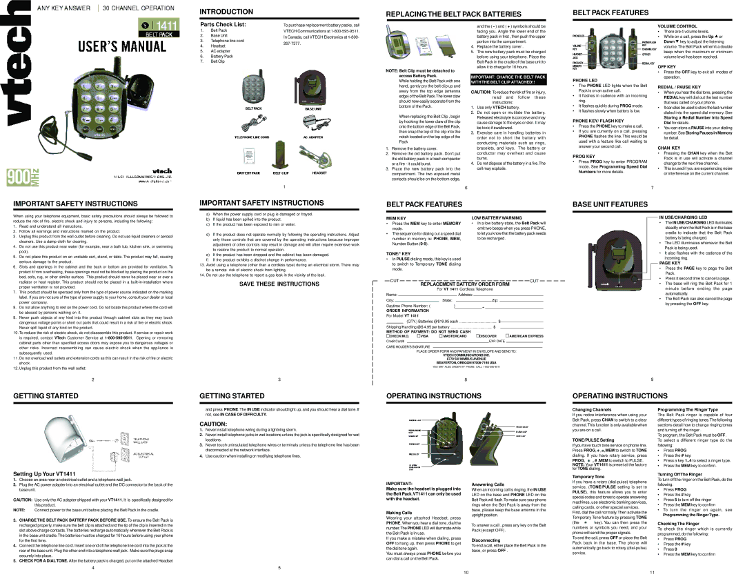 VTech 1411 important safety instructions Getting Started Important Safety Instructions, Operating Instructions 