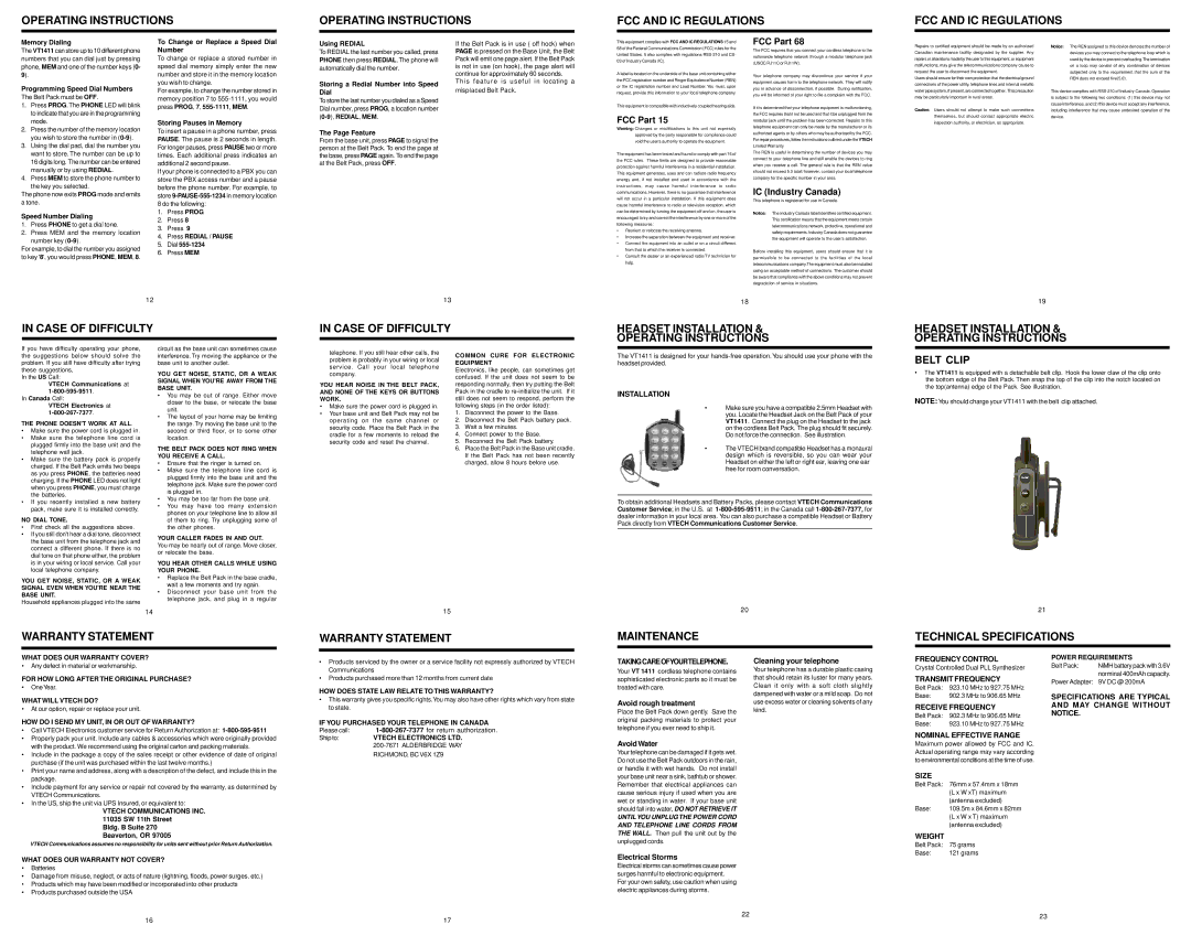 VTech 1411 Operating Instructions FCC and IC Regulations, Warranty Statement Maintenance Technical Specifications 