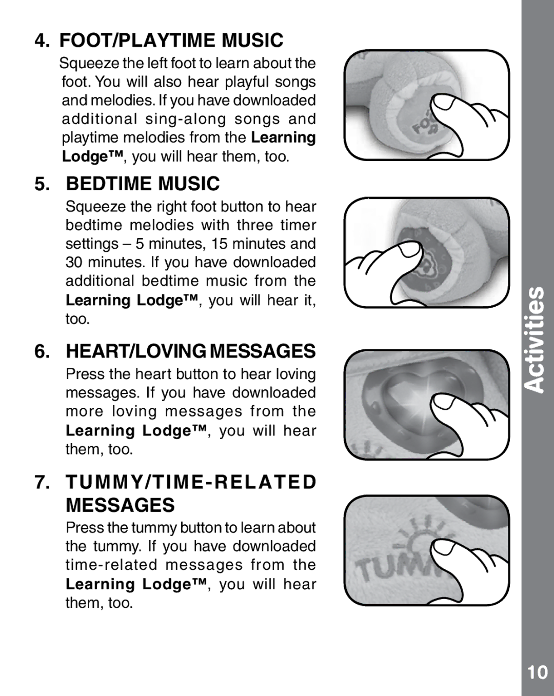 VTech 1472 user manual FOOT/PLAYTIME Music, Bedtime Music, HEART/LOVING Messages, TUMMY/TIME-RELATED Messages 