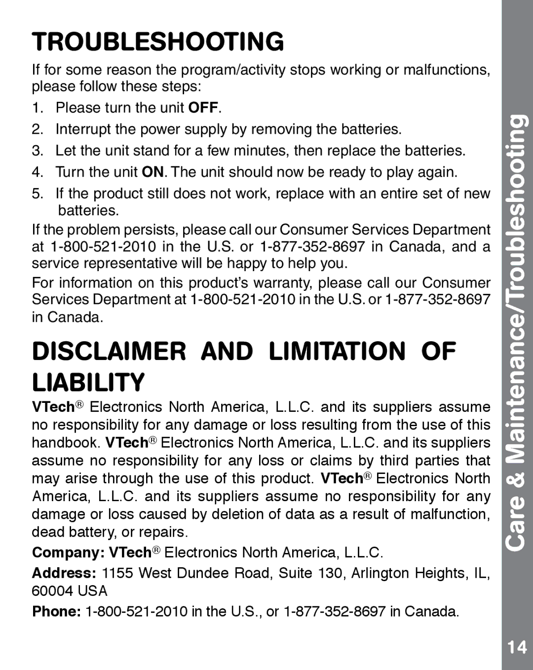 VTech 1472 user manual Disclaimer and Limitation of Liability, Care & Maintenance/Troubleshooting 