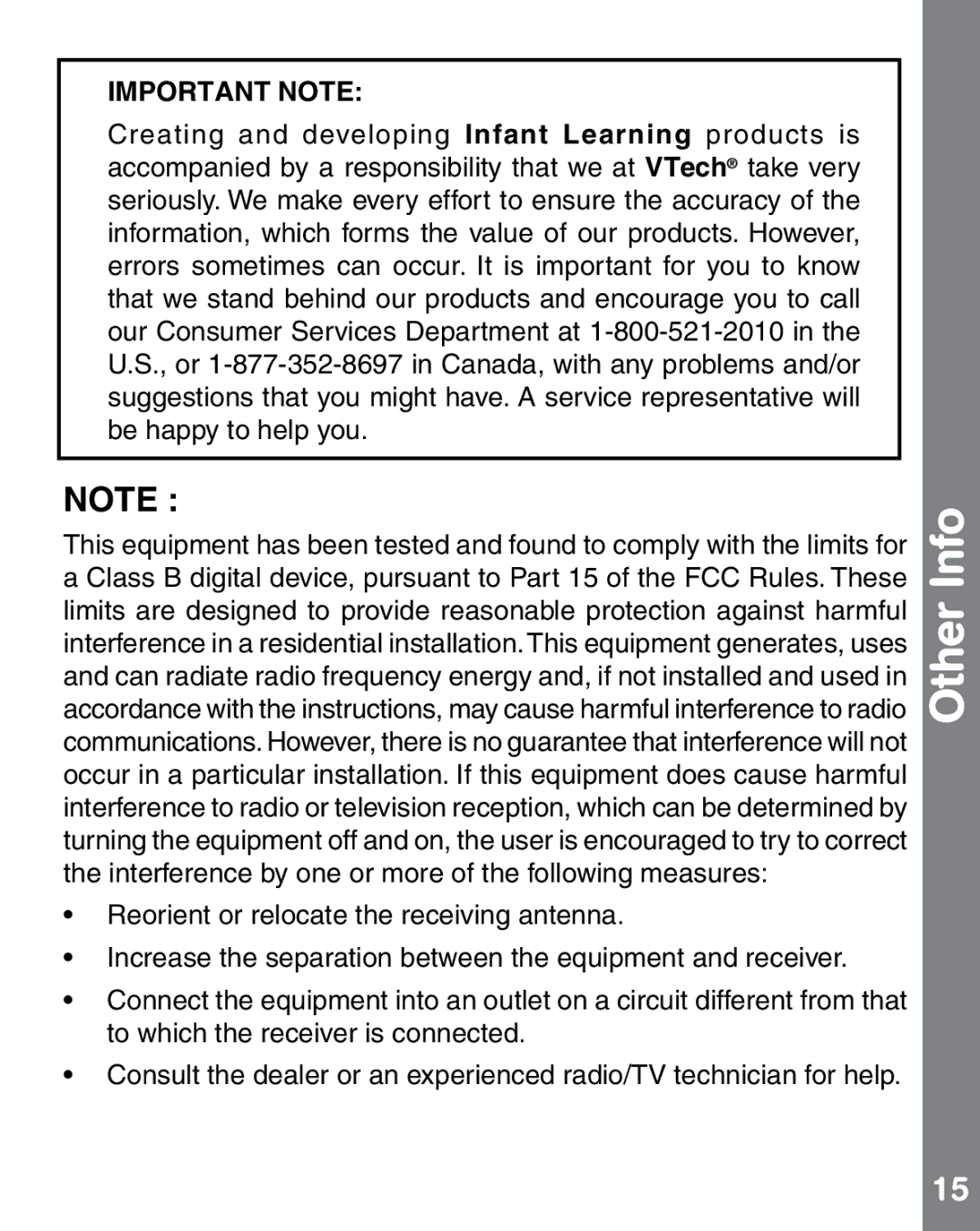 VTech 1472 user manual Other Info, Important Note 