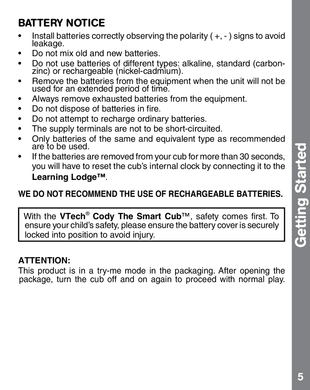 VTech 1472 user manual Getting Started, Battery Notice 