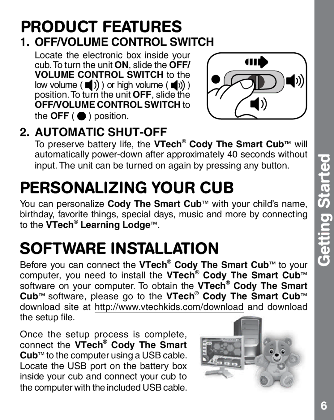 VTech 1472 Product Features, Personalizing Your CUB, Software Installation, OFF/VOLUME Control Switch, Automatic SHUT-OFF 