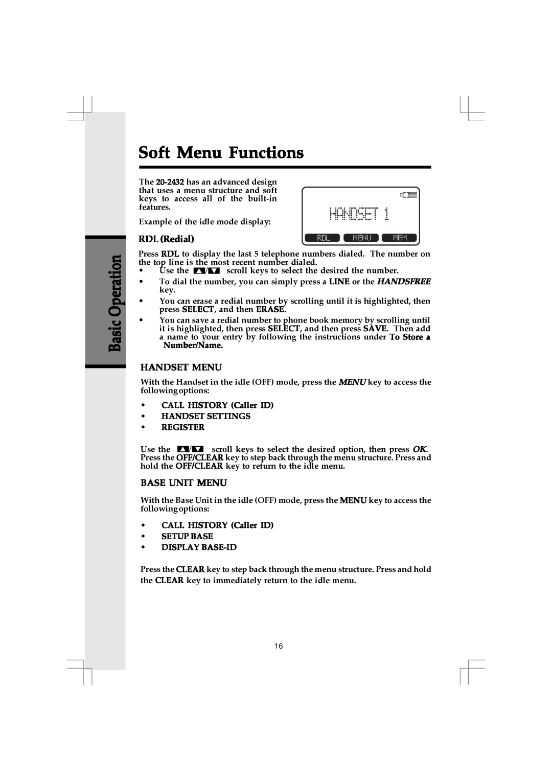 VTech 20-2432 owner manual Soft Menu Functions, RDL Redial, Handset Settings Register, Setup Base Display BASE-ID 