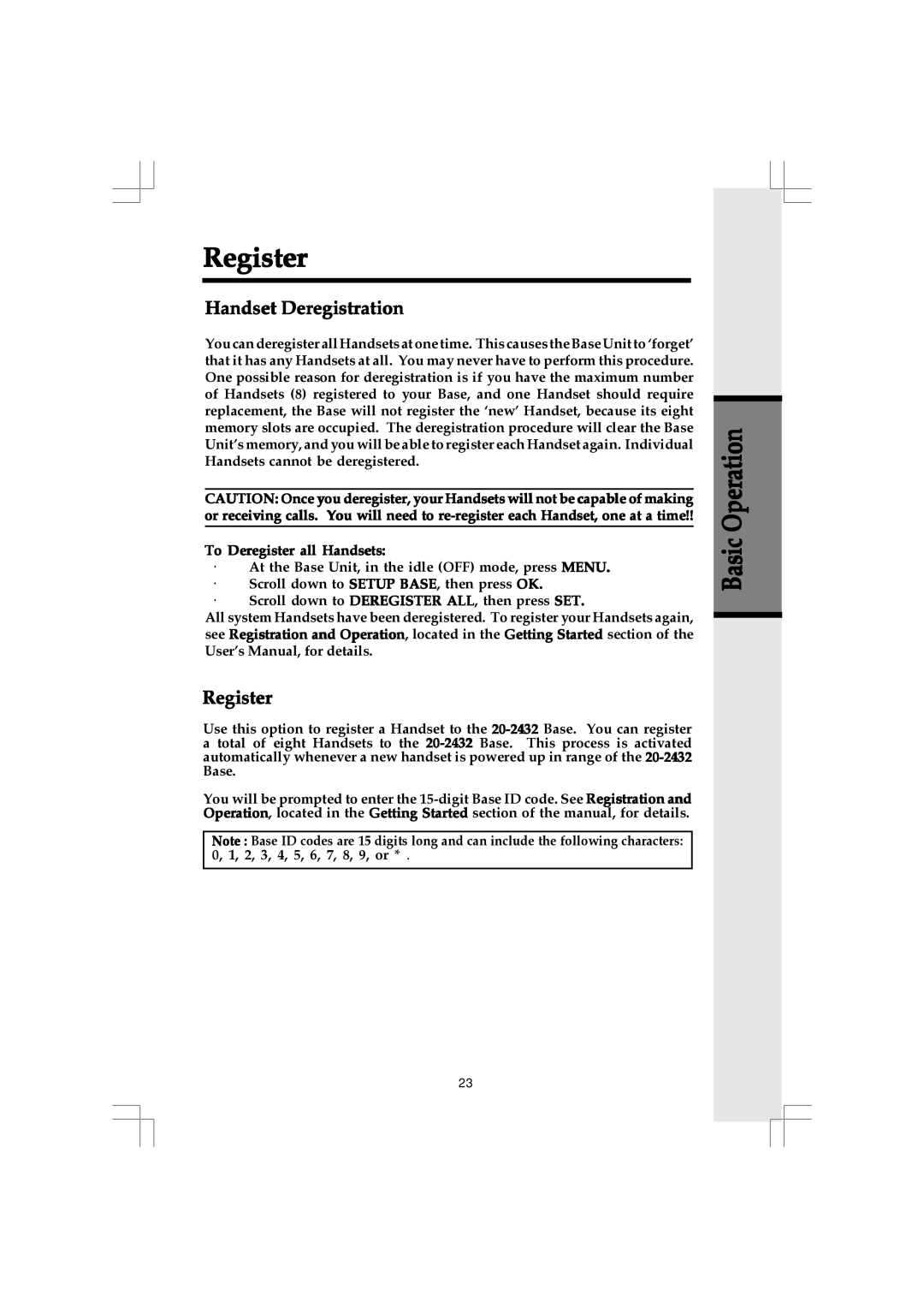 VTech 20-2432 owner manual Register, Handset Deregistration 