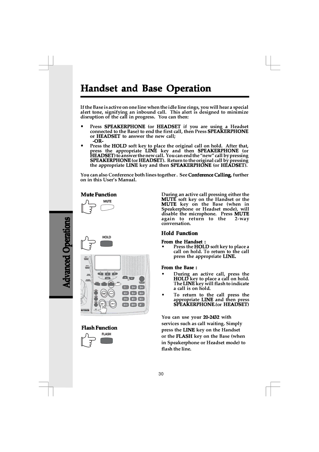 VTech 20-2432 owner manual Mute Function Flash Function, Hold Function 