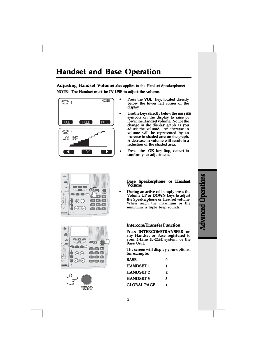 VTech 20-2432 owner manual Base Speakerphone or Headset Volume, Intercom/Transfer Function, Base Handset Global 