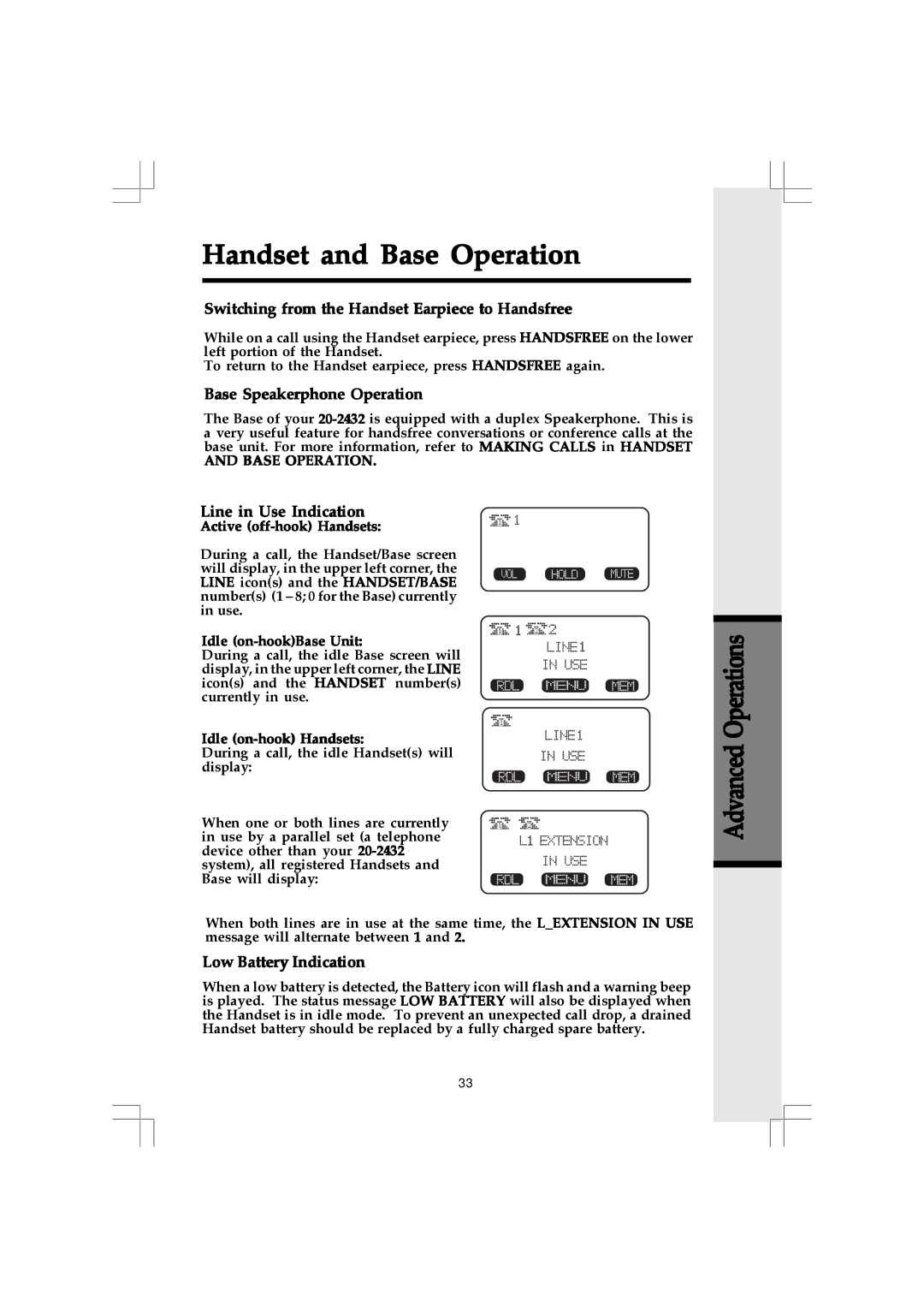 VTech 20-2432 Switching from the Handset Earpiece to Handsfree, Base Speakerphone Operation, Line in Use Indication 