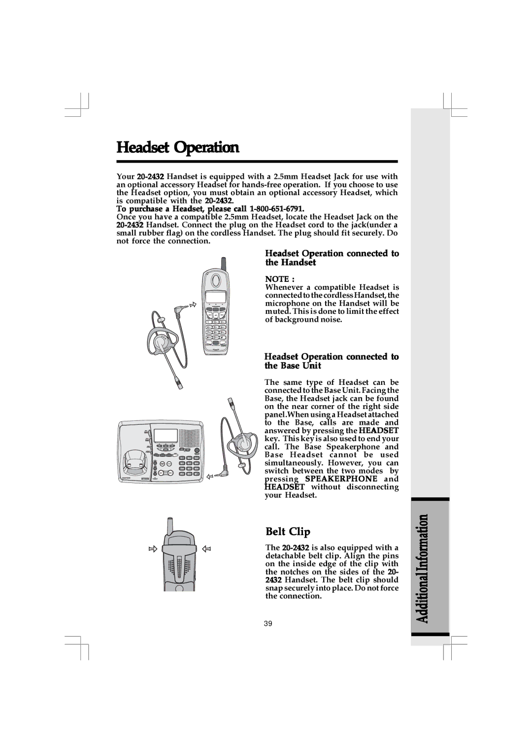 VTech 20-2432 owner manual Headset Operation connected to the Handset, Headset Operation connected to the Base Unit 