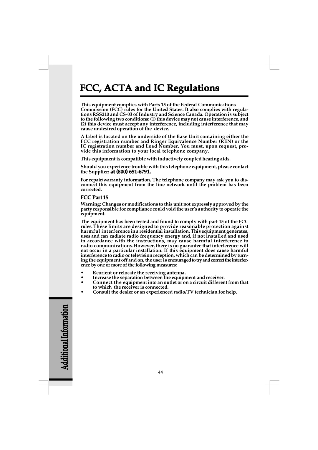 VTech 20-2432 owner manual FCC, Acta and IC Regulations, FCC Part 