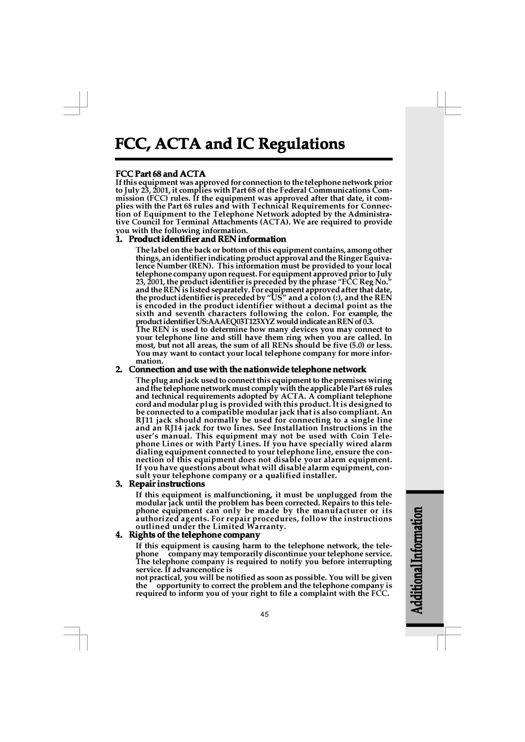 VTech 20-2432 owner manual FCC Part 68 and Acta, Product identifier and REN information, Repair instructions 