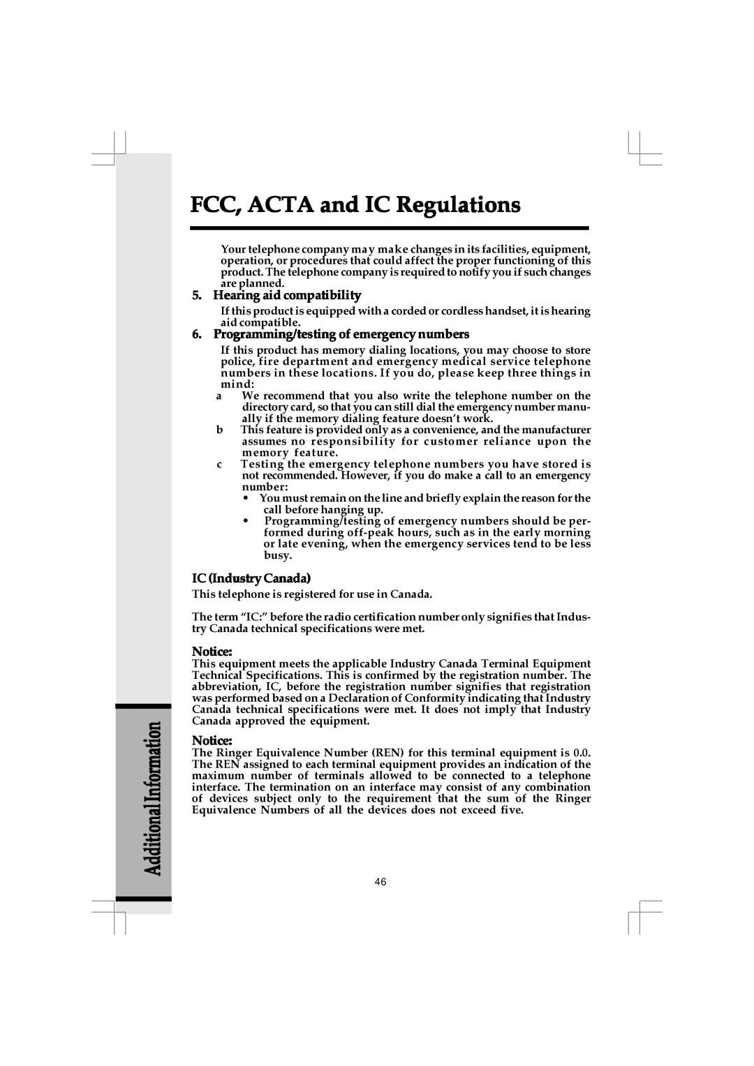 VTech 20-2432 owner manual Hearing aid compatibility, Programming/testing of emergency numbers, IC Industry Canada 