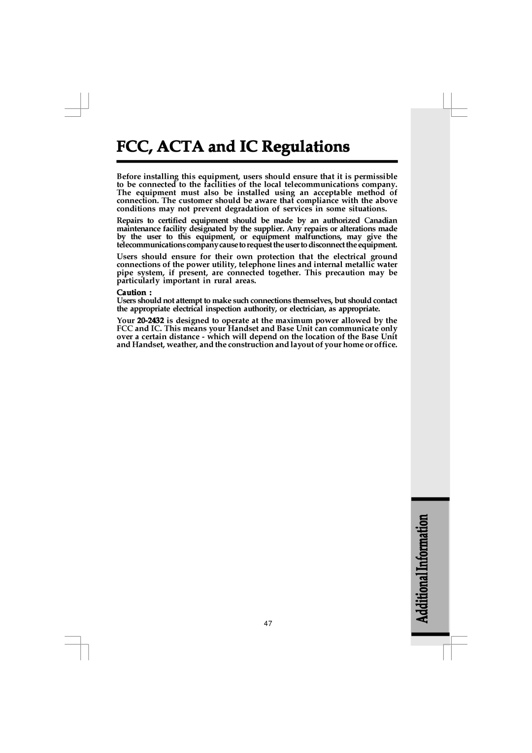 VTech 20-2432 owner manual FCC, Acta and IC Regulations 