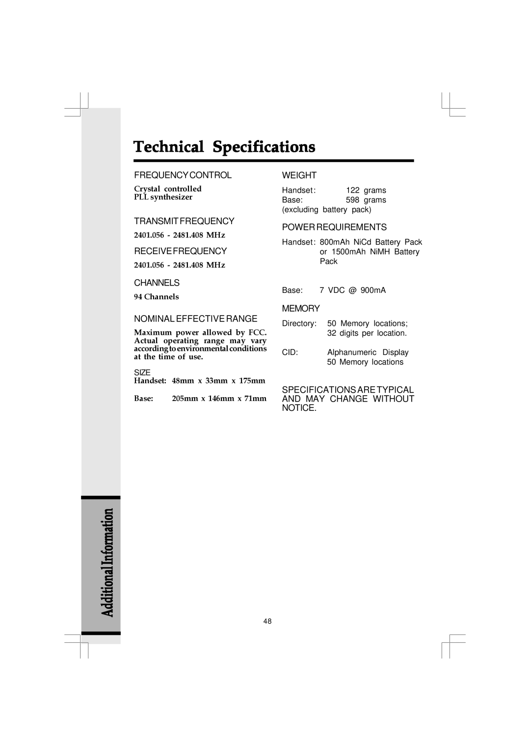 VTech 20-2432 owner manual Technical Specifications, Nominal Effective Range 