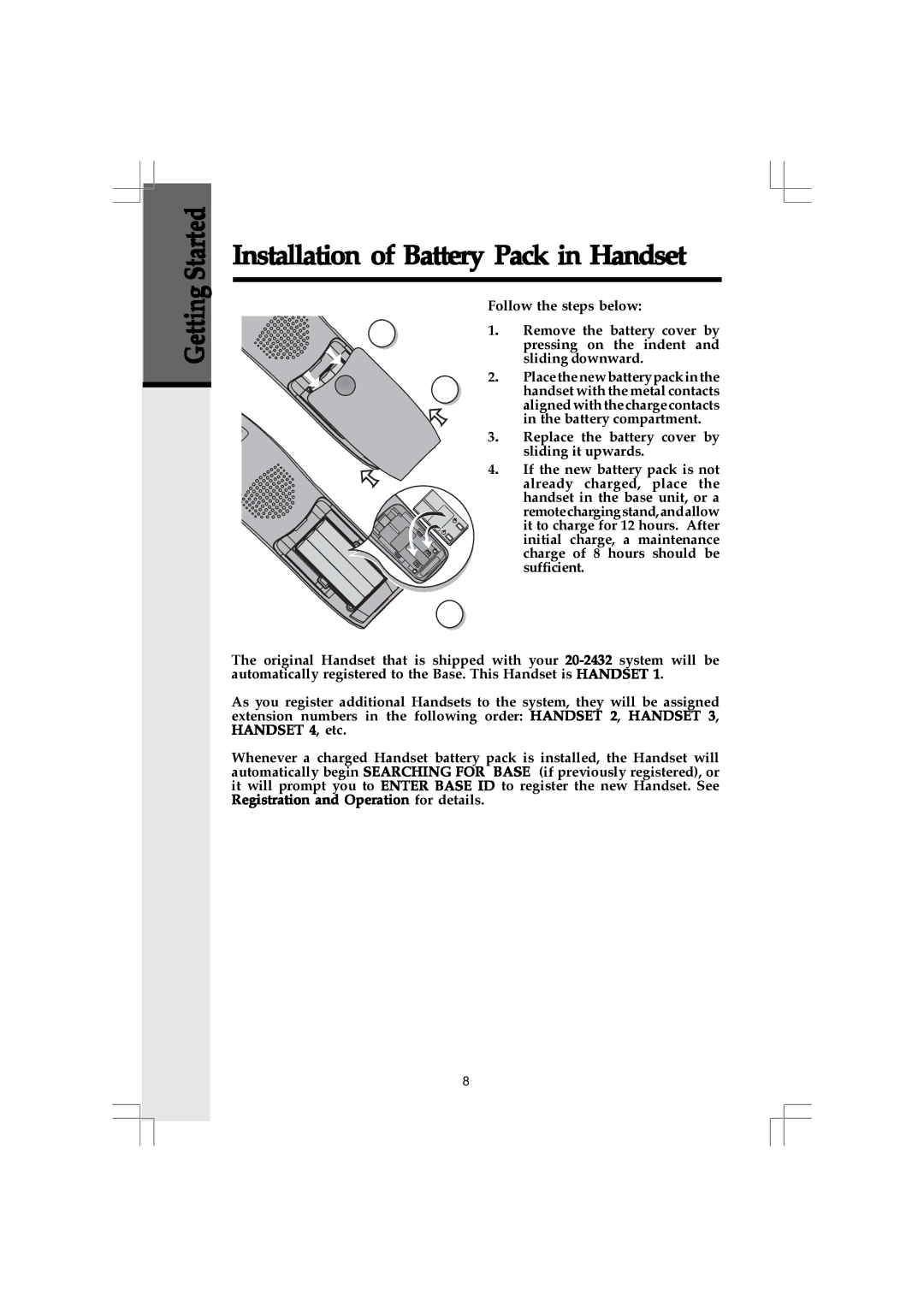 VTech 20-2432 owner manual Installation of Battery Pack in Handset 