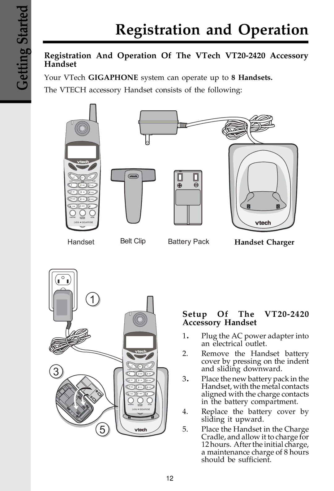 VTech 20-2481 Registration and Operation, Setup Of The VT20-2420 Accessory Handset, Handset Charger 