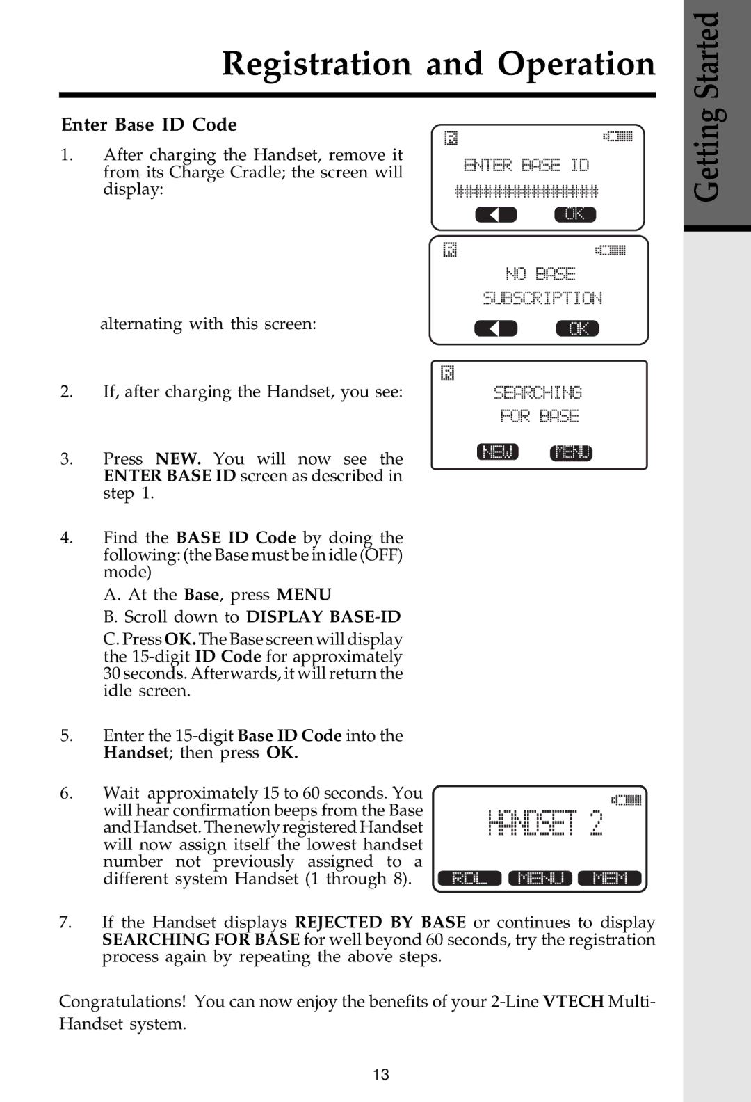 VTech 20-2481 important safety instructions Enter Base ID Code 