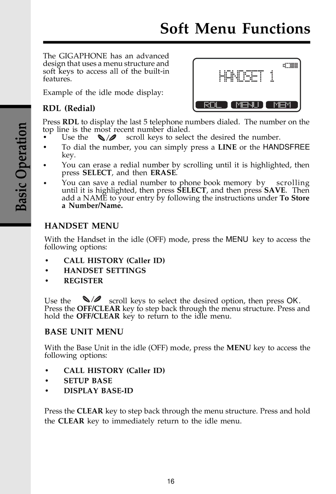 VTech 20-2481 important safety instructions Soft Menu Functions, RDL Redial, Call History Caller ID 