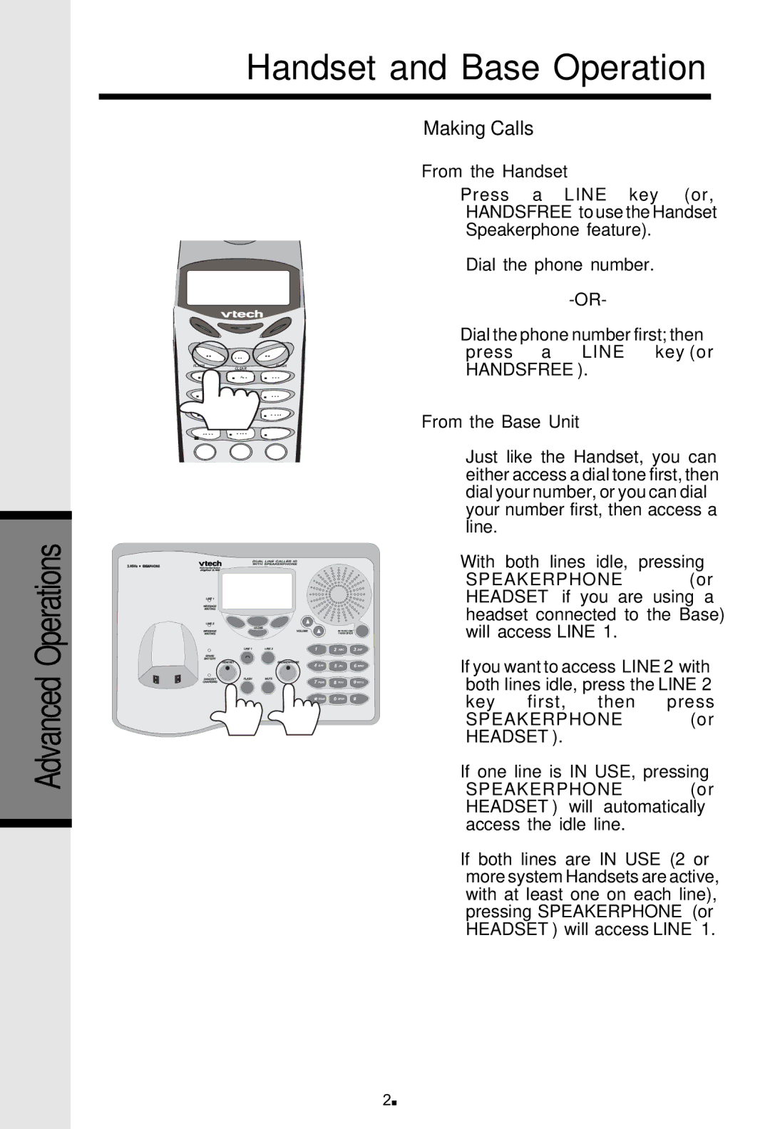 VTech 20-2481 Handset and Base Operation, Making Calls, From the Handset, From the Base Unit, Speakerphone or Headset 