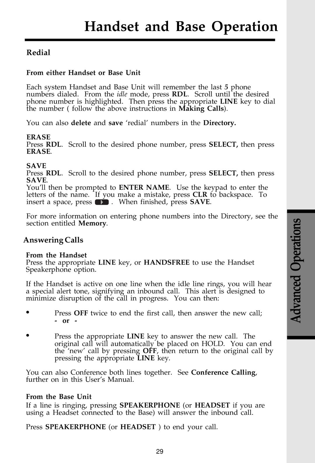 VTech 20-2481 important safety instructions Redial, Answering Calls, From either Handset or Base Unit 