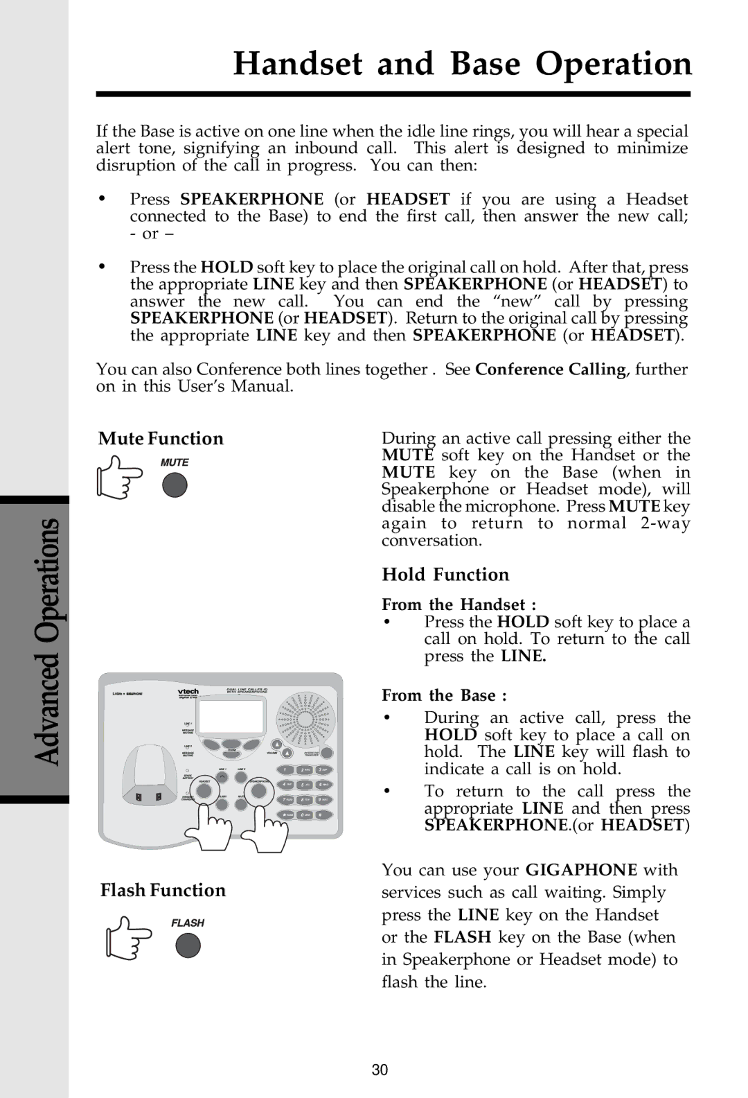 VTech 20-2481 important safety instructions Mute Function, Flash Function Hold Function, From the Base 