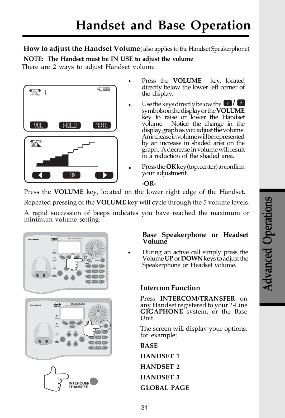 VTech 20-2481 important safety instructions Volume, Intercom Function 