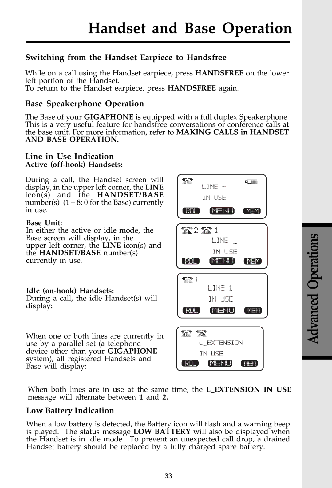 VTech 20-2481 Switching from the Handset Earpiece to Handsfree, Base Speakerphone Operation, Line in Use Indication 