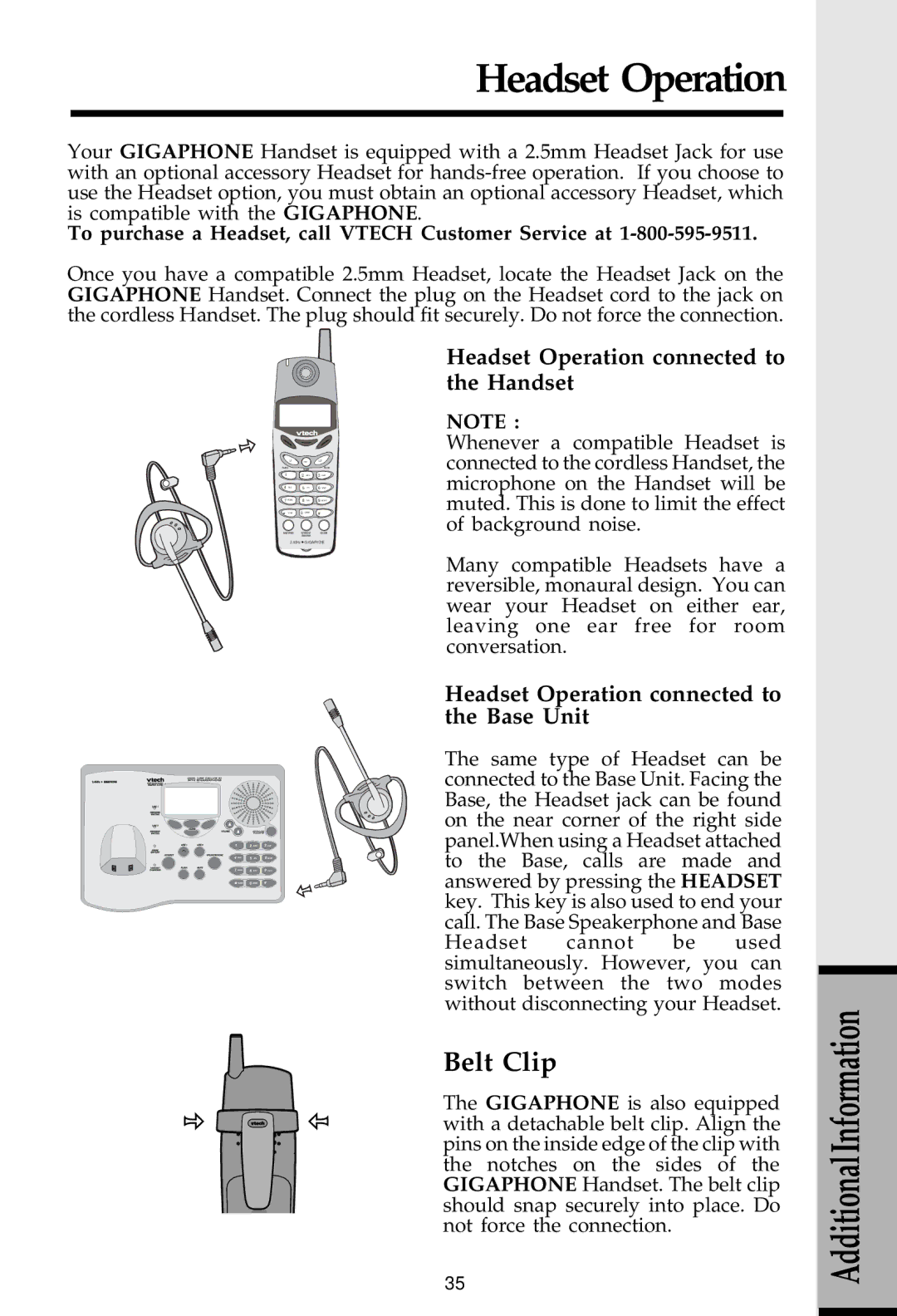 VTech 20-2481 important safety instructions Headset Operation connected to the Handset, Base Unit 