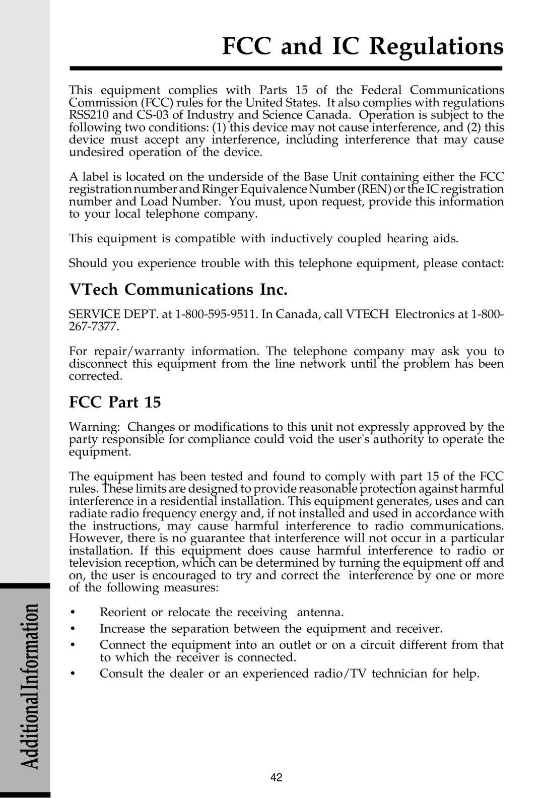 VTech 20-2481 important safety instructions FCC and IC Regulations, VTech Communications Inc 