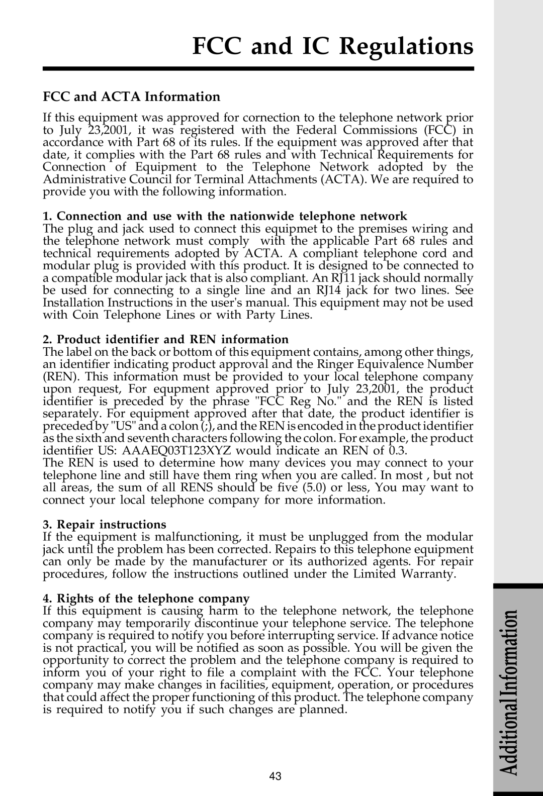 VTech 20-2481 important safety instructions FCC and Acta Information, Repair instructions, Rights of the telephone company 