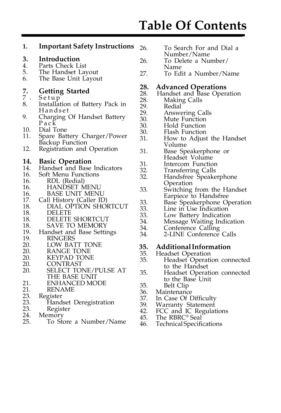 VTech 20-2481 important safety instructions Table Of Contents 