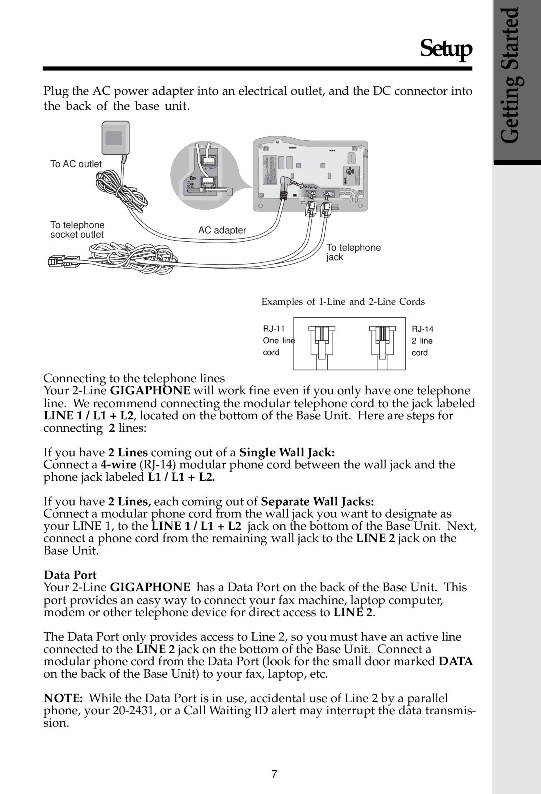 VTech 20-2481 important safety instructions Setup, Data Port 